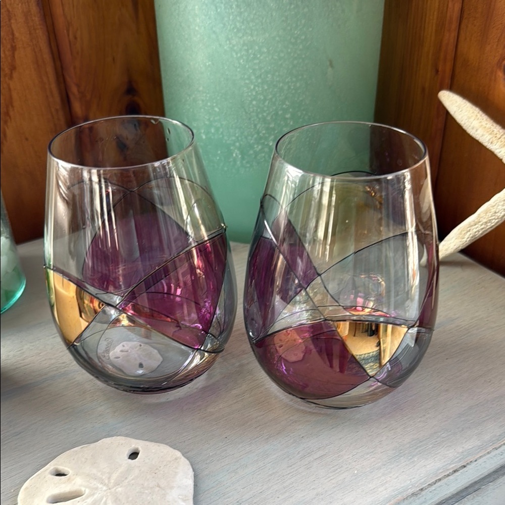 Cornet Handcrafted Purple and Gold Stemless Wine Glasses - Two Glasses - Picture 2 of 7